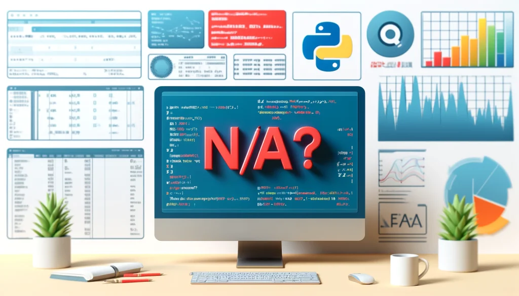N/Aの正体とは？パソコン画面に表示されたプログラムコードとデータ分析グラフ、赤く強調されたN/A値が表示されたスプレッドシート、背景にPython、R、SQLのロゴとデータチャートが含まれている