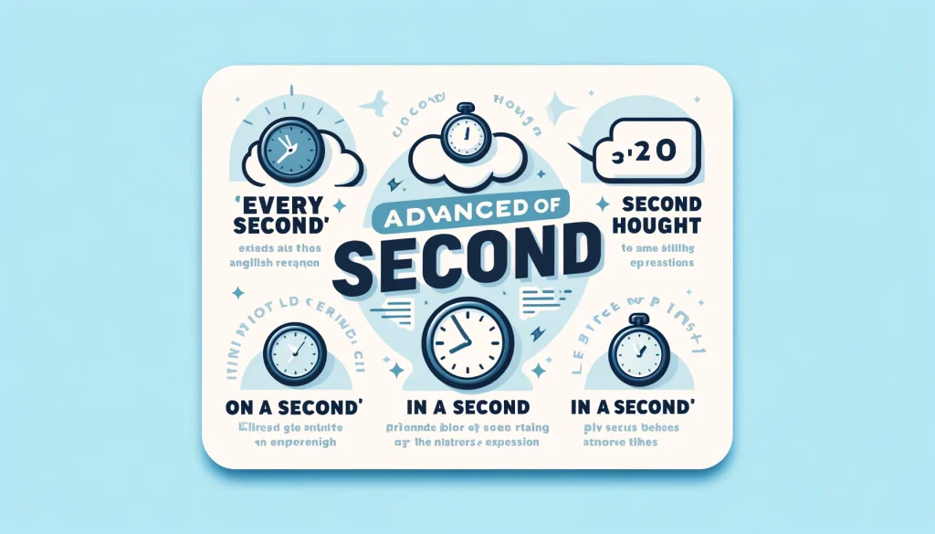 'second'を使った自然な英語表現の応用例を説明するイラスト。'every second counts'には時計のアイコン、'on second thought'には考え中の吹き出し、'in a second'にはストップウォッチのアイコンが表示されています。