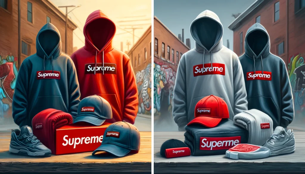 Side-by-side comparison of Supreme and Superme streetwear items with an urban street setting background