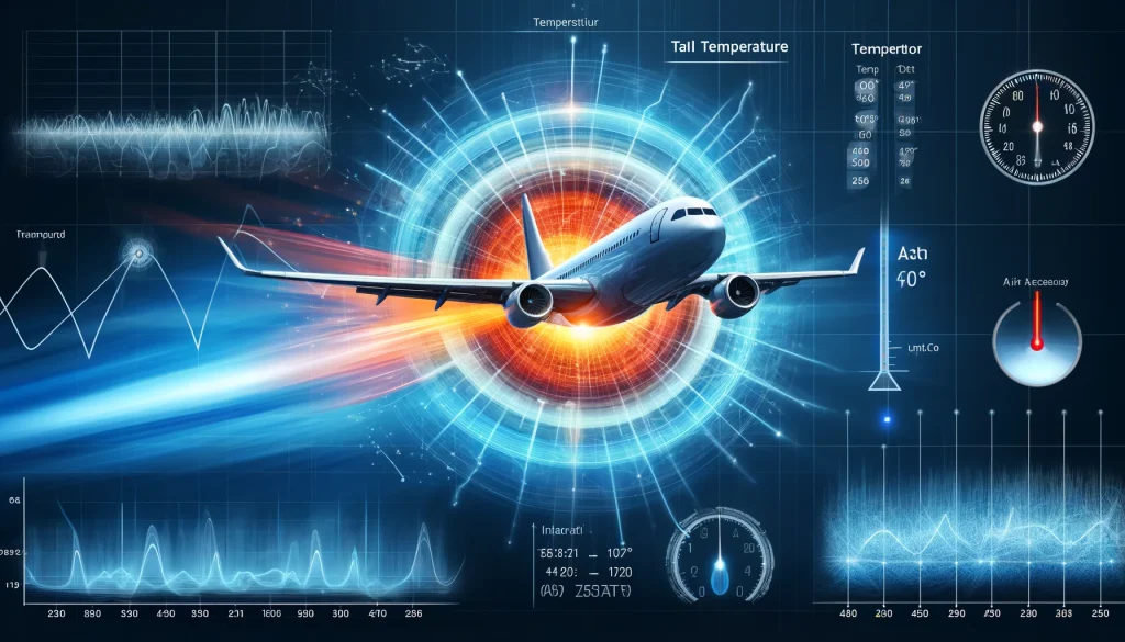 飛行機の例で説明するTotal Air Temperature (TAT)。飛行機が高速で飛行し、摩擦熱によって機体周辺の温度が上昇している様子を示しています。