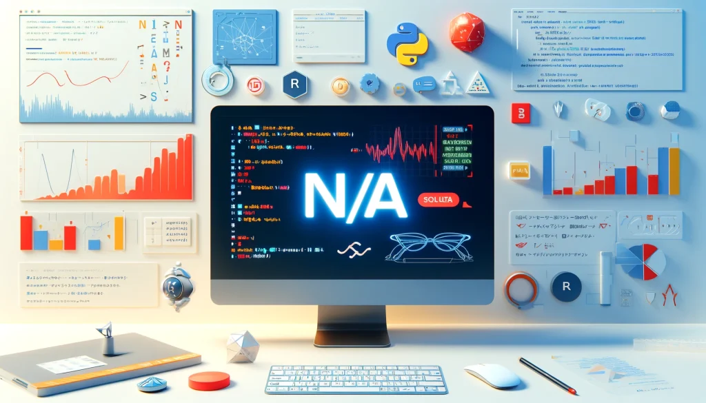 プログラミング言語でのN/A対処法、パソコン画面に表示されたプログラムコードとデータ分析グラフ、赤く強調されたN/A値が表示され、背景にPython、R、SQLのロゴとコーディングシンボルが含まれている