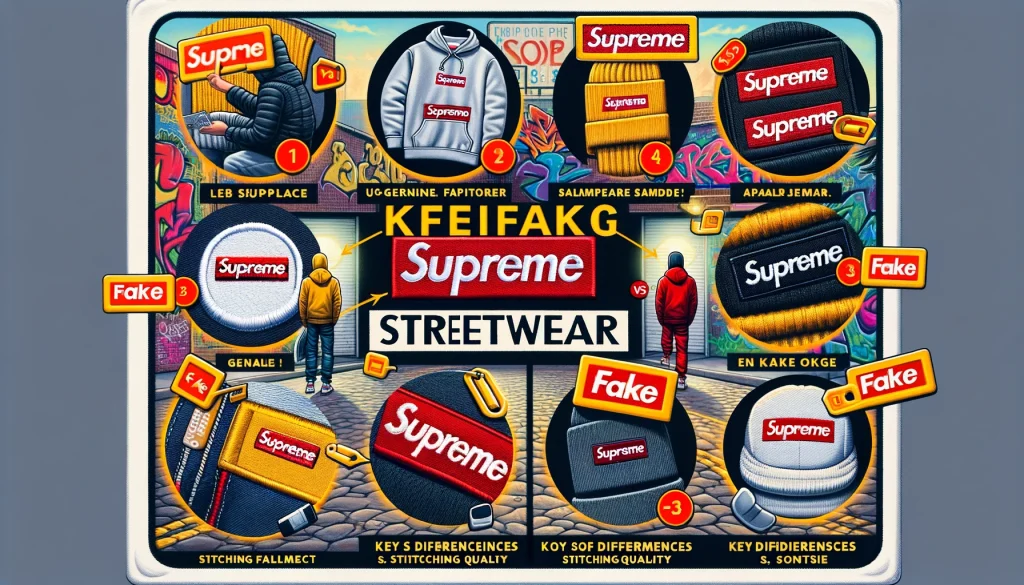 Instructional image for identifying fake Supreme streetwear items with comparisons of genuine and fake tags, logos, and stitching details, set against an urban graffiti background