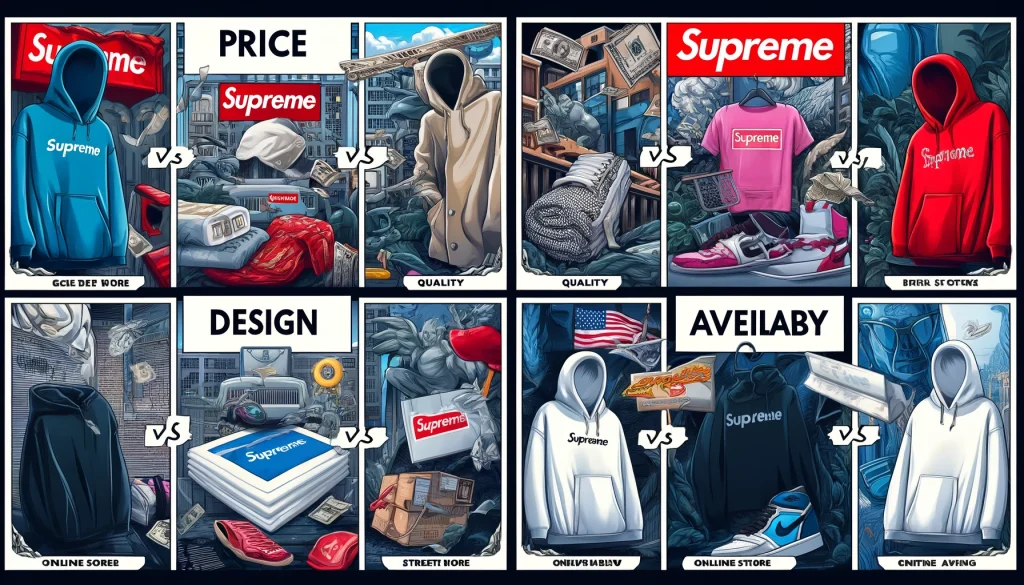 Detailed comparison image showcasing the four main differences between Supreme and Superme streetwear brands with an urban graffiti background