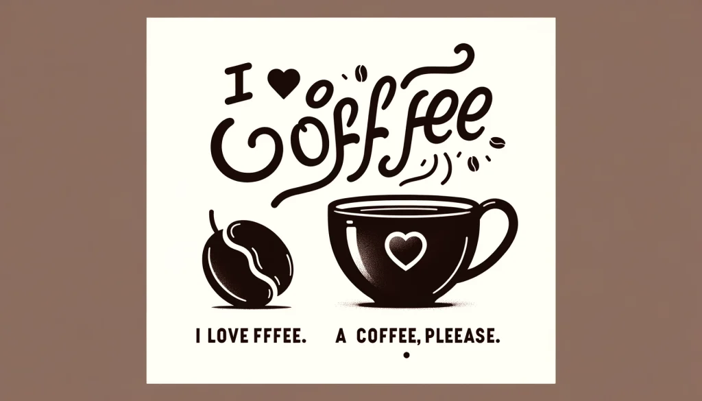 コーヒーの基本を示すシンプルな画像。コーヒーカップ、コーヒー豆、『I love coffee.』と『A coffee, please.』というテキストが含まれています。