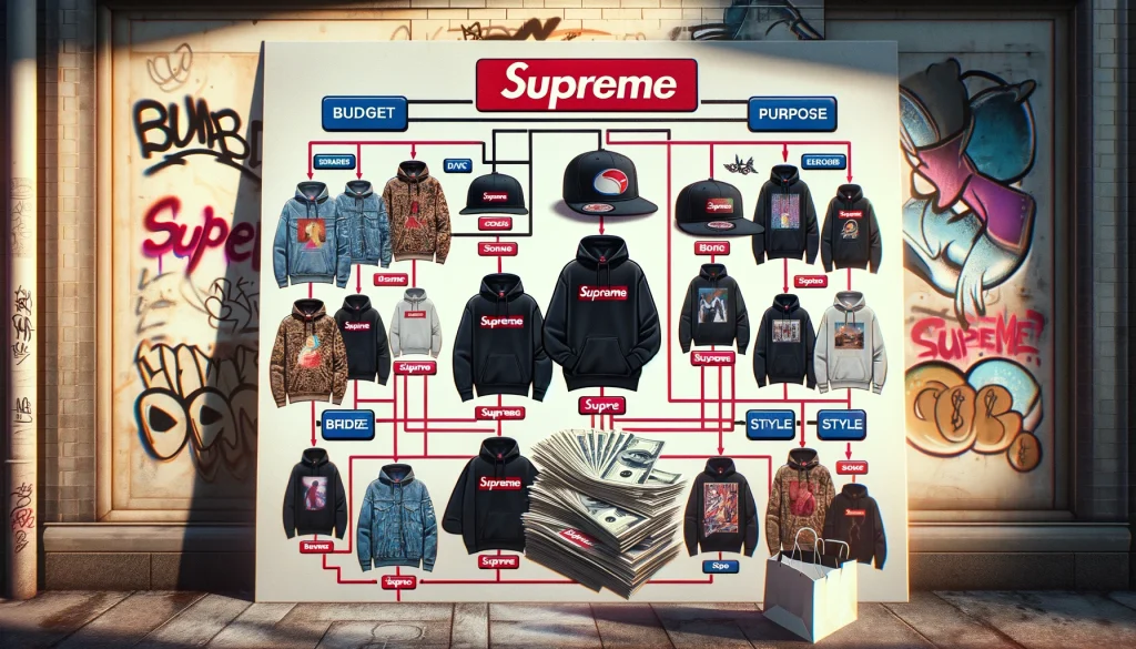 Image showing different ways to choose between Supreme and Superme streetwear brands with a decision-making flowchart, set against an urban graffiti background